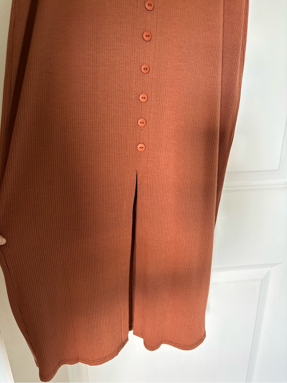 Francesca's Collections Rust-Brown Midi Button-Front Spaghetti Strap Dress - Picture 3 of 5